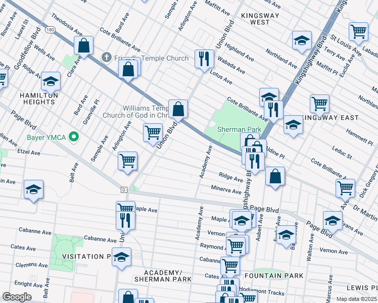 map of restaurants, bars, coffee shops, grocery stores, and more near 5201 Wells Avenue in St. Louis