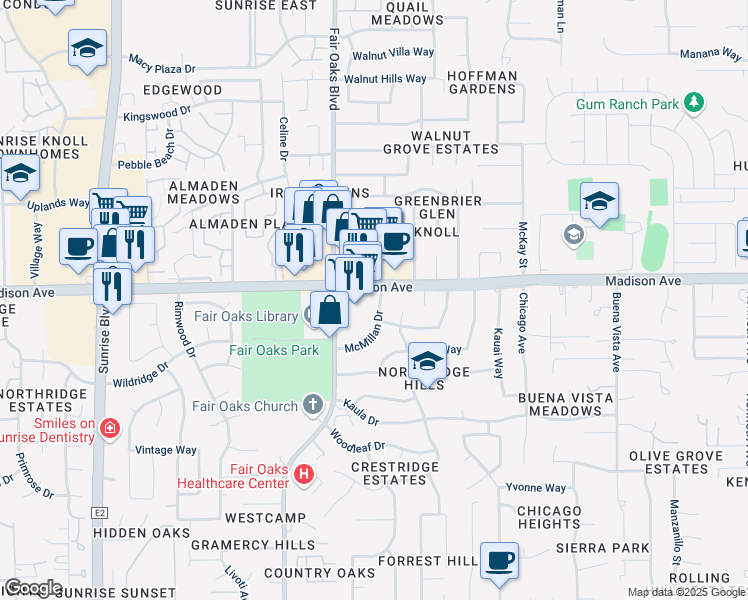 map of restaurants, bars, coffee shops, grocery stores, and more near 8140 McMillan Drive in Fair Oaks