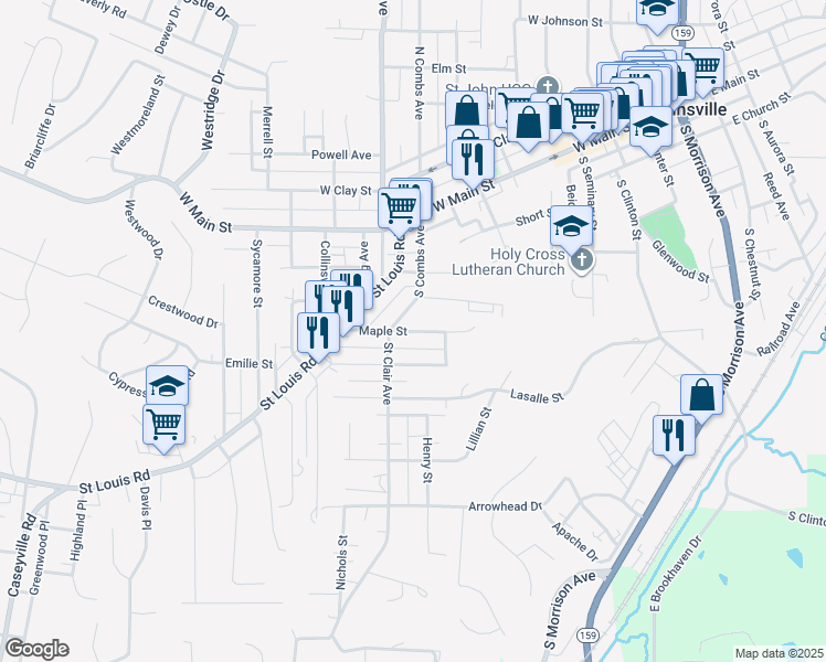 map of restaurants, bars, coffee shops, grocery stores, and more near 739 Maple Street in Collinsville