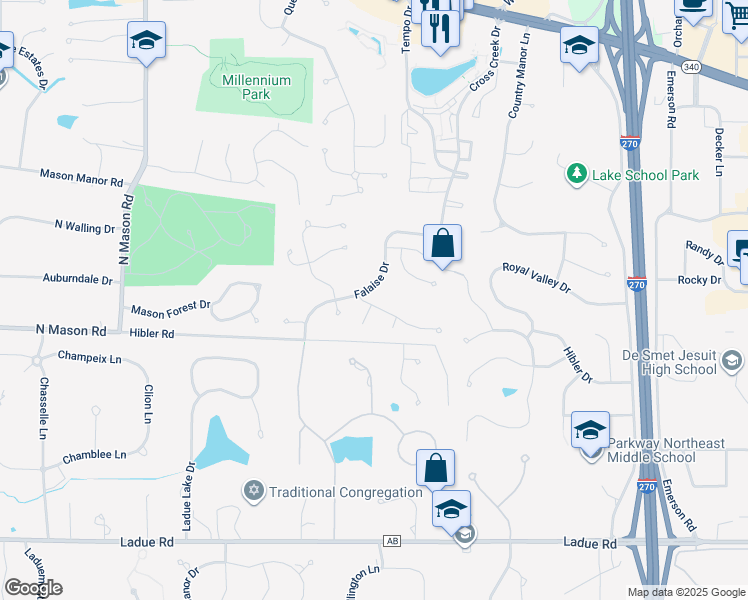 map of restaurants, bars, coffee shops, grocery stores, and more near 12391 Woodline Drive in Creve Coeur