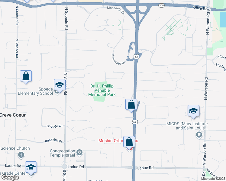 map of restaurants, bars, coffee shops, grocery stores, and more near 445 Foxbrook Drive in Creve Coeur