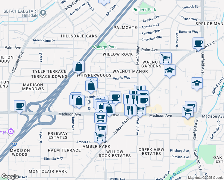 map of restaurants, bars, coffee shops, grocery stores, and more near 4969 Summerwood Circle in Sacramento