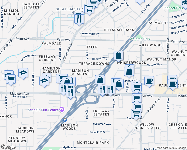 map of restaurants, bars, coffee shops, grocery stores, and more near 4510 Zachary Way in Sacramento