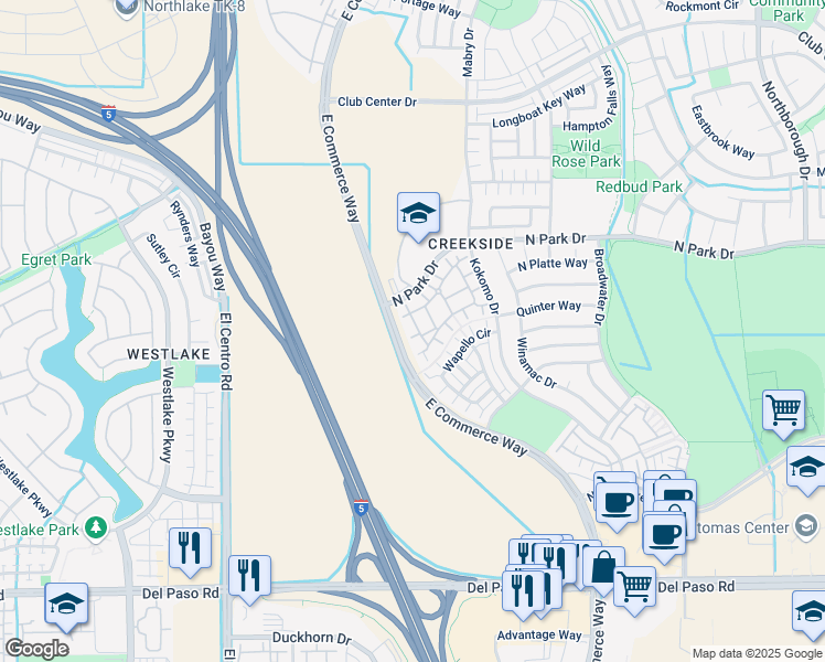 map of restaurants, bars, coffee shops, grocery stores, and more near 416 North Park Drive in Sacramento