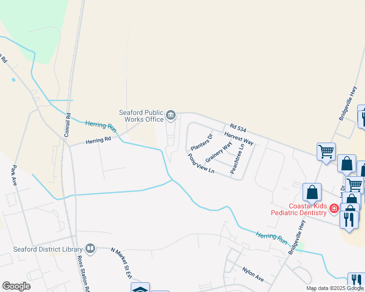 map of restaurants, bars, coffee shops, grocery stores, and more near 152 Pond View Lane in Seaford