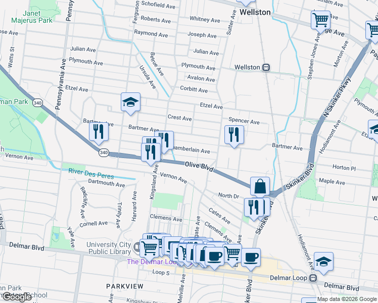 map of restaurants, bars, coffee shops, grocery stores, and more near 6611 Chamberlain Avenue in University City