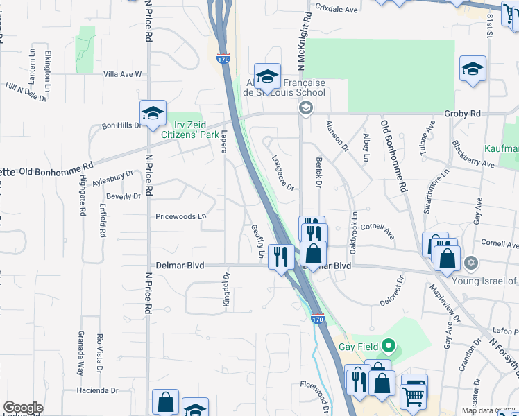 map of restaurants, bars, coffee shops, grocery stores, and more near 706 West Canterbury Road in St. Louis