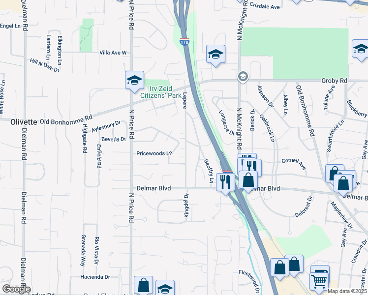 map of restaurants, bars, coffee shops, grocery stores, and more near 8694 Kingsbridge Lane in St. Louis