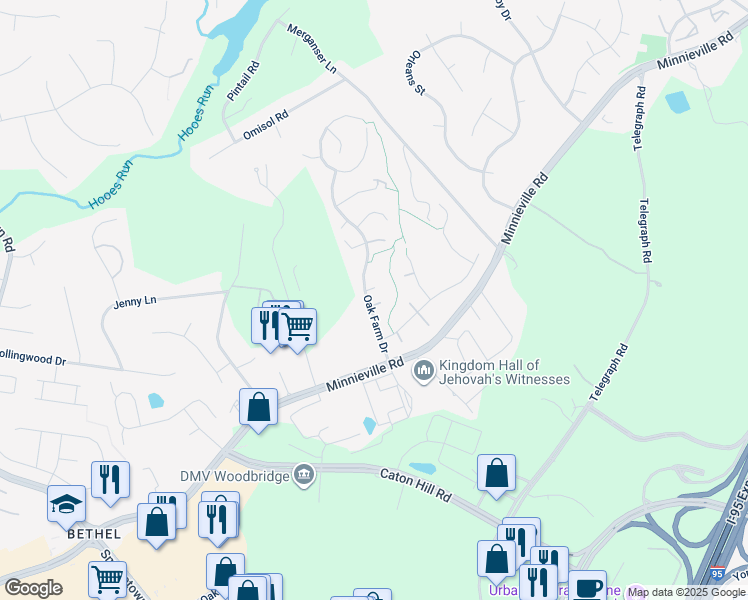 map of restaurants, bars, coffee shops, grocery stores, and more near 13215 Oak Farm Drive in Woodbridge