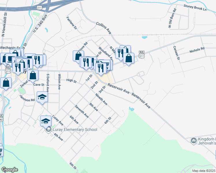 map of restaurants, bars, coffee shops, grocery stores, and more near 24 State Route 689 in Luray