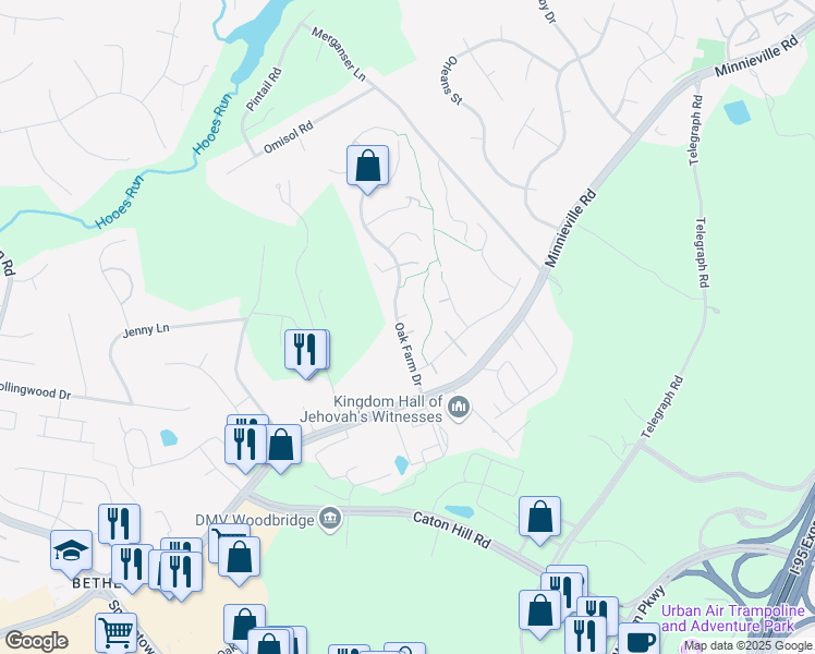 map of restaurants, bars, coffee shops, grocery stores, and more near 13215 Oak Farm Drive in Woodbridge