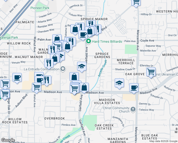 map of restaurants, bars, coffee shops, grocery stores, and more near 5364 Garfield Avenue in Sacramento