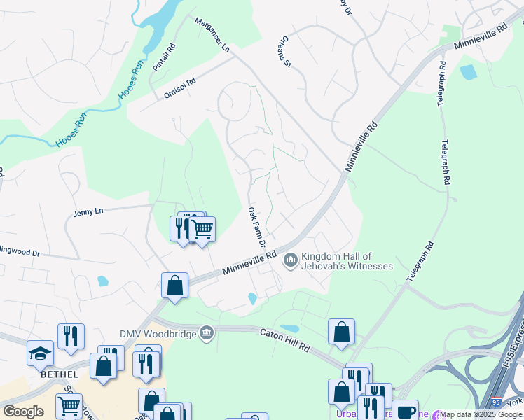 map of restaurants, bars, coffee shops, grocery stores, and more near 13217 Oak Farm Drive in Woodbridge