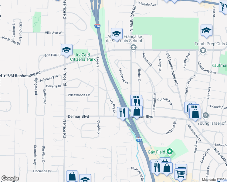 map of restaurants, bars, coffee shops, grocery stores, and more near 706 West Canterbury Road in St. Louis