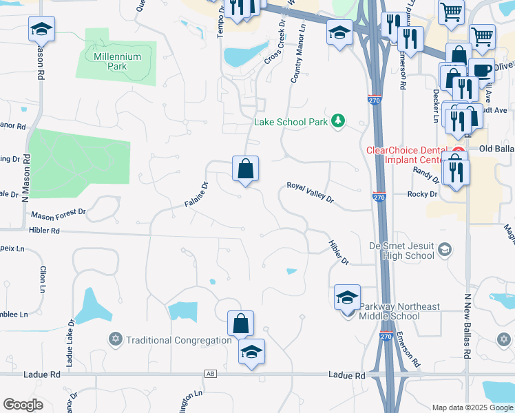 map of restaurants, bars, coffee shops, grocery stores, and more near 376 Country Glen Lane in Creve Coeur