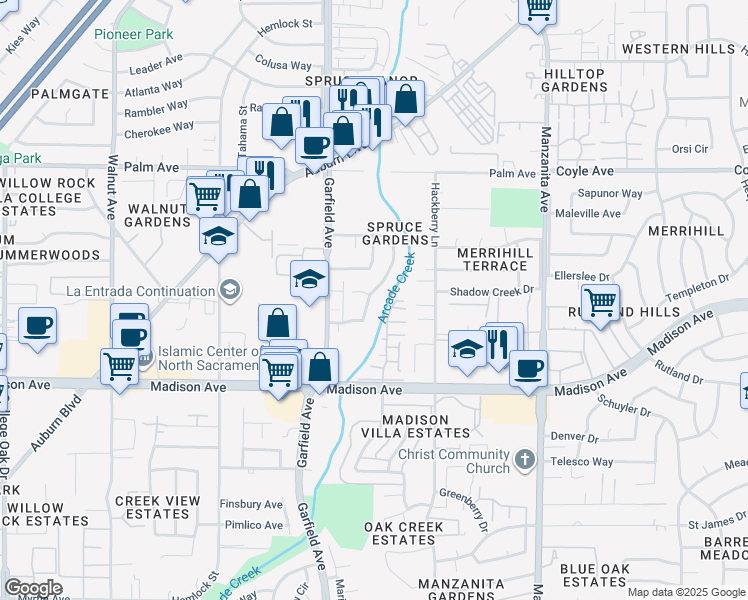 map of restaurants, bars, coffee shops, grocery stores, and more near 5608 White Fir Way in Sacramento