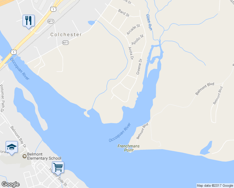 map of restaurants, bars, coffee shops, grocery stores, and more near 10842 Greene Drive in Lorton