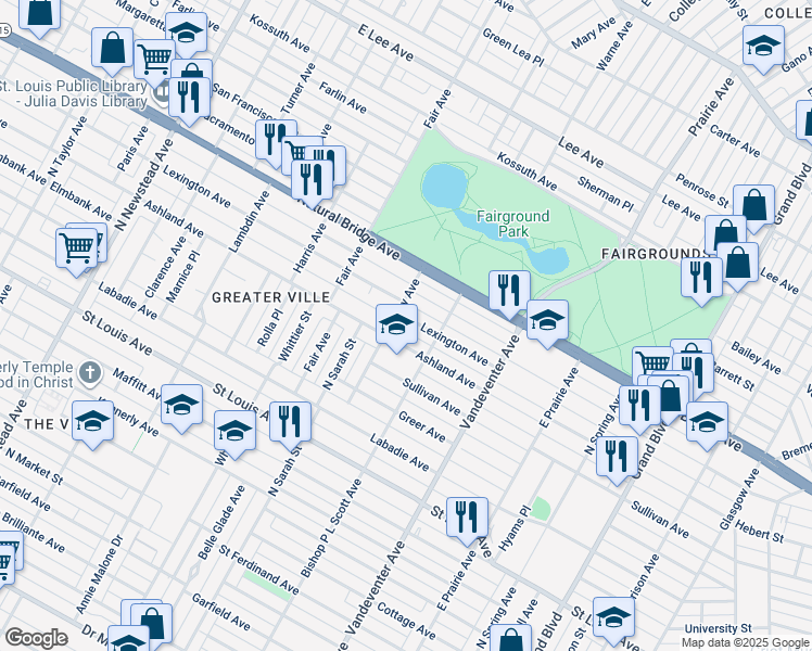 map of restaurants, bars, coffee shops, grocery stores, and more near 3515 Clay Avenue in St. Louis