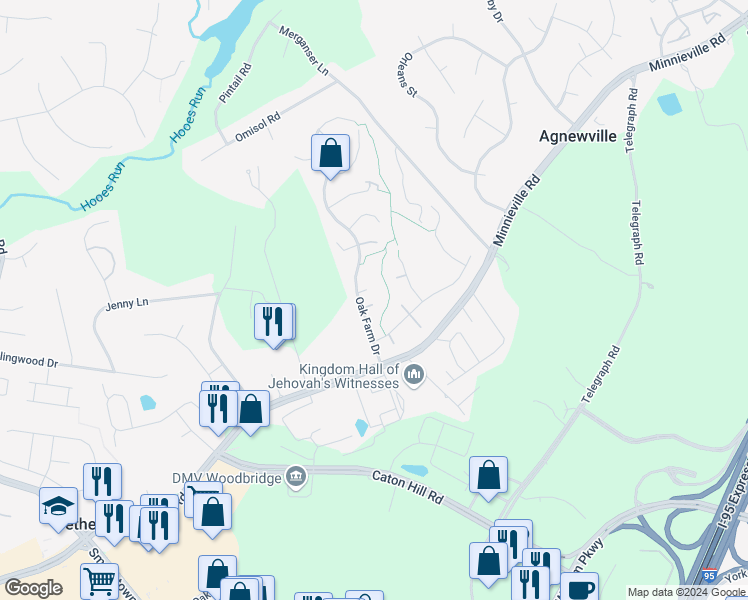 map of restaurants, bars, coffee shops, grocery stores, and more near 13217 Oak Farm Drive in Woodbridge