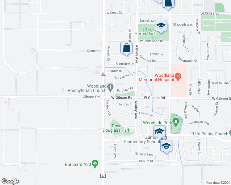 map of restaurants, bars, coffee shops, grocery stores, and more near 879 Fordham Drive in Woodland