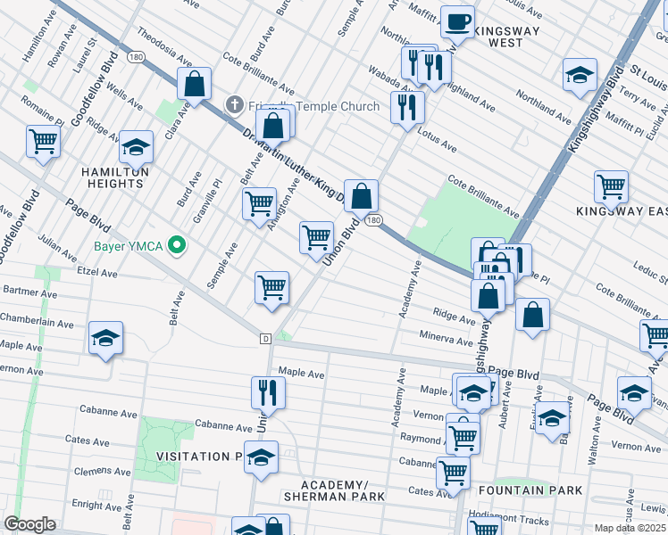 map of restaurants, bars, coffee shops, grocery stores, and more near 5234 Wells Avenue in St. Louis