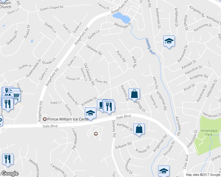 map of restaurants, bars, coffee shops, grocery stores, and more near Delaney Rd & Kirkdale Dr in Dale City