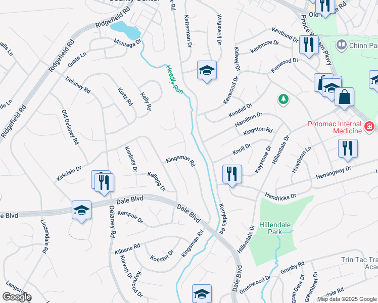 map of restaurants, bars, coffee shops, grocery stores, and more near 13307 Kenny Road in Woodbridge