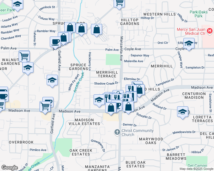map of restaurants, bars, coffee shops, grocery stores, and more near 5755 Shadow Creek Drive in Sacramento