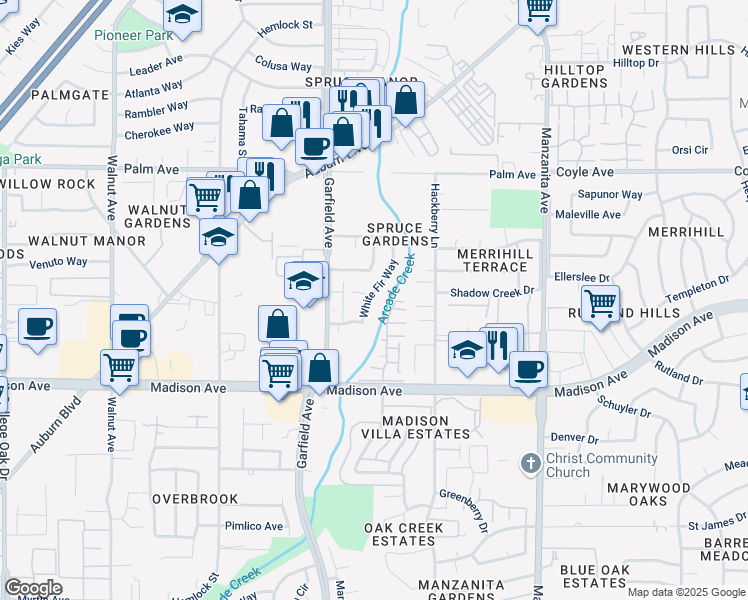 map of restaurants, bars, coffee shops, grocery stores, and more near 5608 White Fir Way in Sacramento