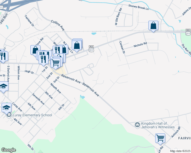 map of restaurants, bars, coffee shops, grocery stores, and more near 101 Madison Lane in Luray