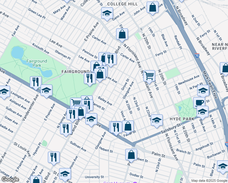 map of restaurants, bars, coffee shops, grocery stores, and more near 3013 Kossuth Avenue in St. Louis