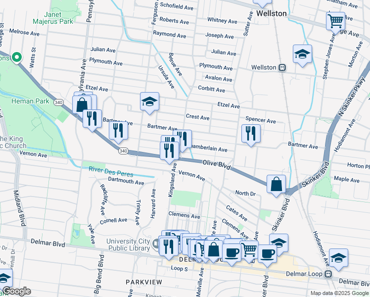 map of restaurants, bars, coffee shops, grocery stores, and more near 6704 Chamberlain Avenue in University City