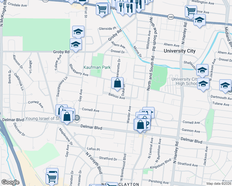 map of restaurants, bars, coffee shops, grocery stores, and more near 7853 Balson Avenue in St. Louis