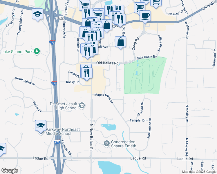 map of restaurants, bars, coffee shops, grocery stores, and more near 539 Coeur De Royale Drive in St. Louis