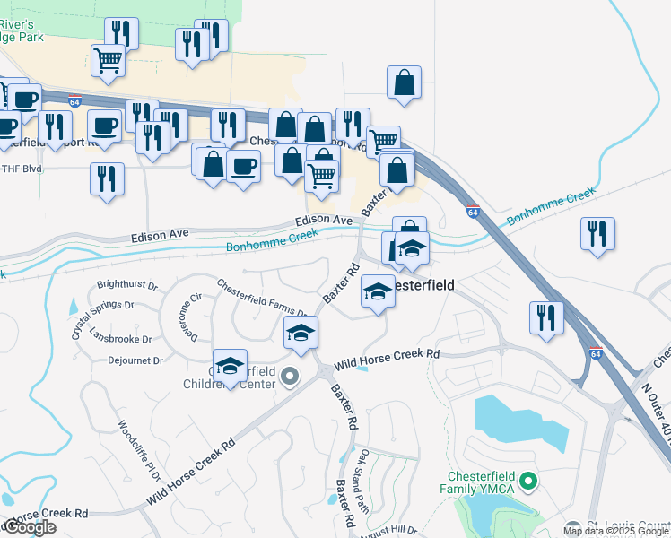 map of restaurants, bars, coffee shops, grocery stores, and more near 16872 Baxter Road in Chesterfield