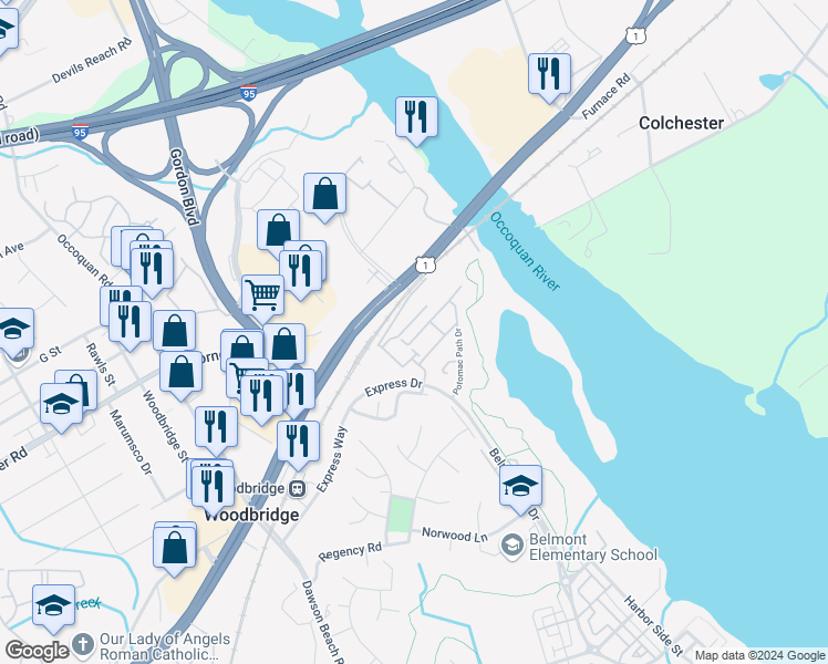 map of restaurants, bars, coffee shops, grocery stores, and more near 13364 Colchester Ferry Place in Woodbridge