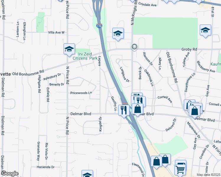 map of restaurants, bars, coffee shops, grocery stores, and more near 8650 Kingsbridge Ln in University City