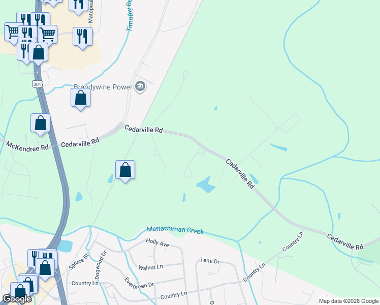 map of restaurants, bars, coffee shops, grocery stores, and more near 8305 Cedarville Road in Brandywine