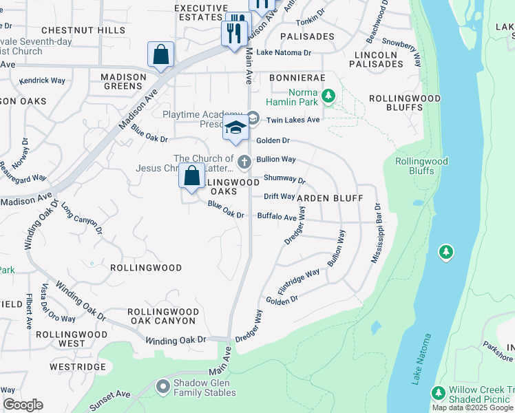 map of restaurants, bars, coffee shops, grocery stores, and more near 9412 Drift Way in Orangevale