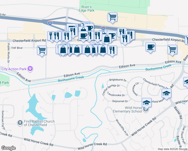 map of restaurants, bars, coffee shops, grocery stores, and more near 17172 Edison Avenue in Chesterfield