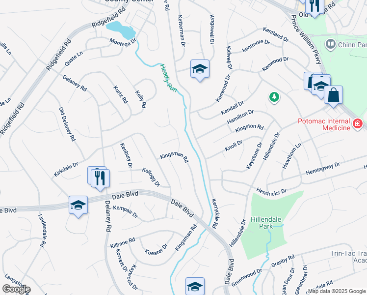 map of restaurants, bars, coffee shops, grocery stores, and more near 13307 Kenny Road in Woodbridge