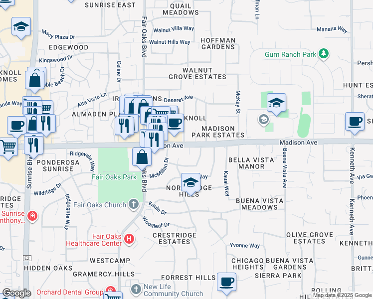 map of restaurants, bars, coffee shops, grocery stores, and more near 8172 McMillan Drive in Fair Oaks