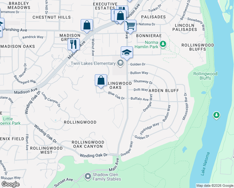 map of restaurants, bars, coffee shops, grocery stores, and more near 9377 Blue Oak Drive in Orangevale