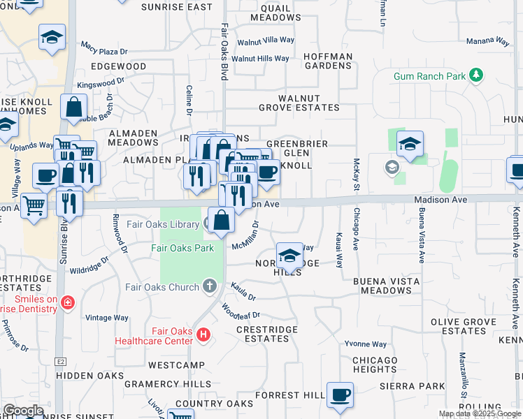 map of restaurants, bars, coffee shops, grocery stores, and more near 8140 McMillan Drive in Fair Oaks