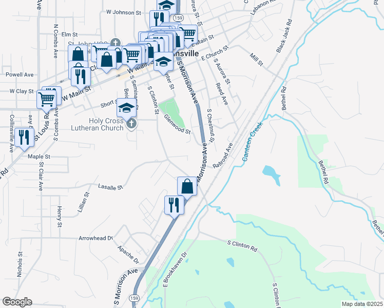 map of restaurants, bars, coffee shops, grocery stores, and more near 101 Glen Street in Collinsville