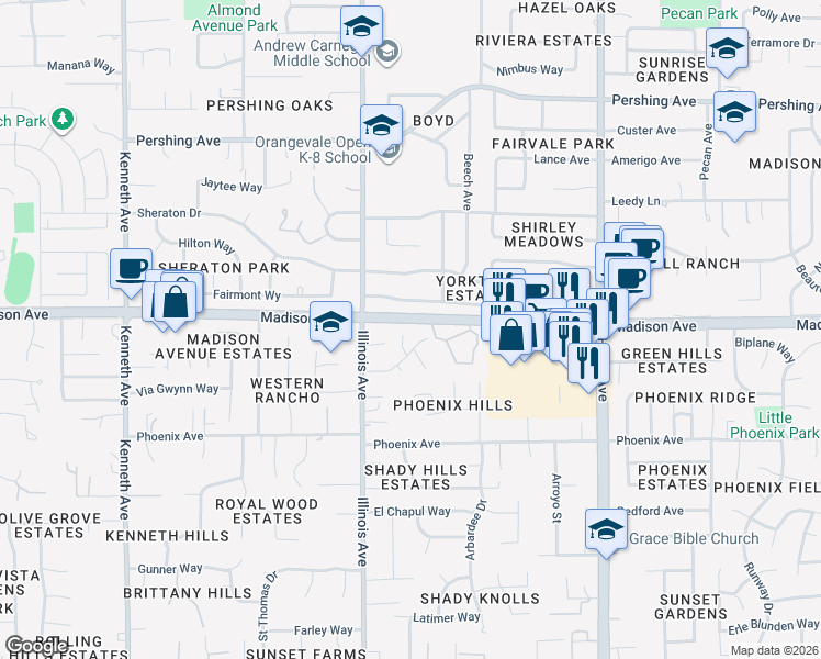map of restaurants, bars, coffee shops, grocery stores, and more near 5336 Nelle Place in Fair Oaks