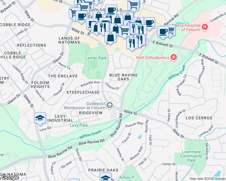 map of restaurants, bars, coffee shops, grocery stores, and more near 106 Timson Drive in Folsom
