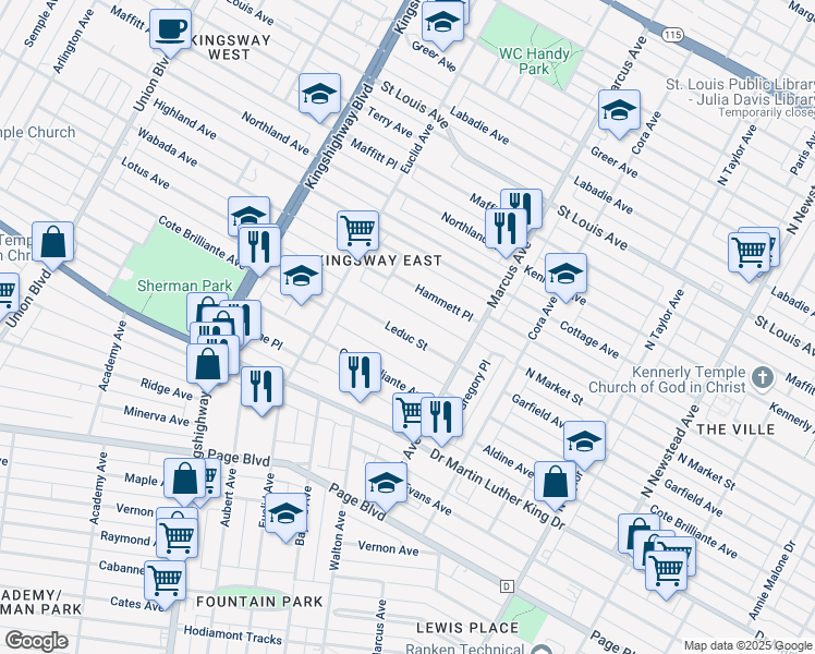 map of restaurants, bars, coffee shops, grocery stores, and more near 4767 Leduc Street in St. Louis