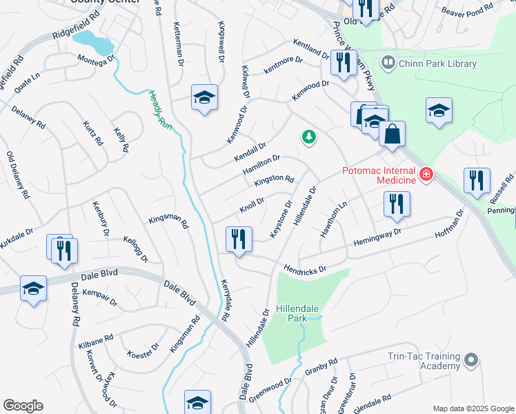map of restaurants, bars, coffee shops, grocery stores, and more near 4517 Knoll Drive in Woodbridge
