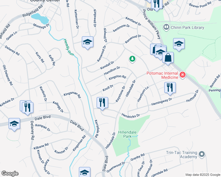 map of restaurants, bars, coffee shops, grocery stores, and more near 4517 Knoll Drive in Woodbridge